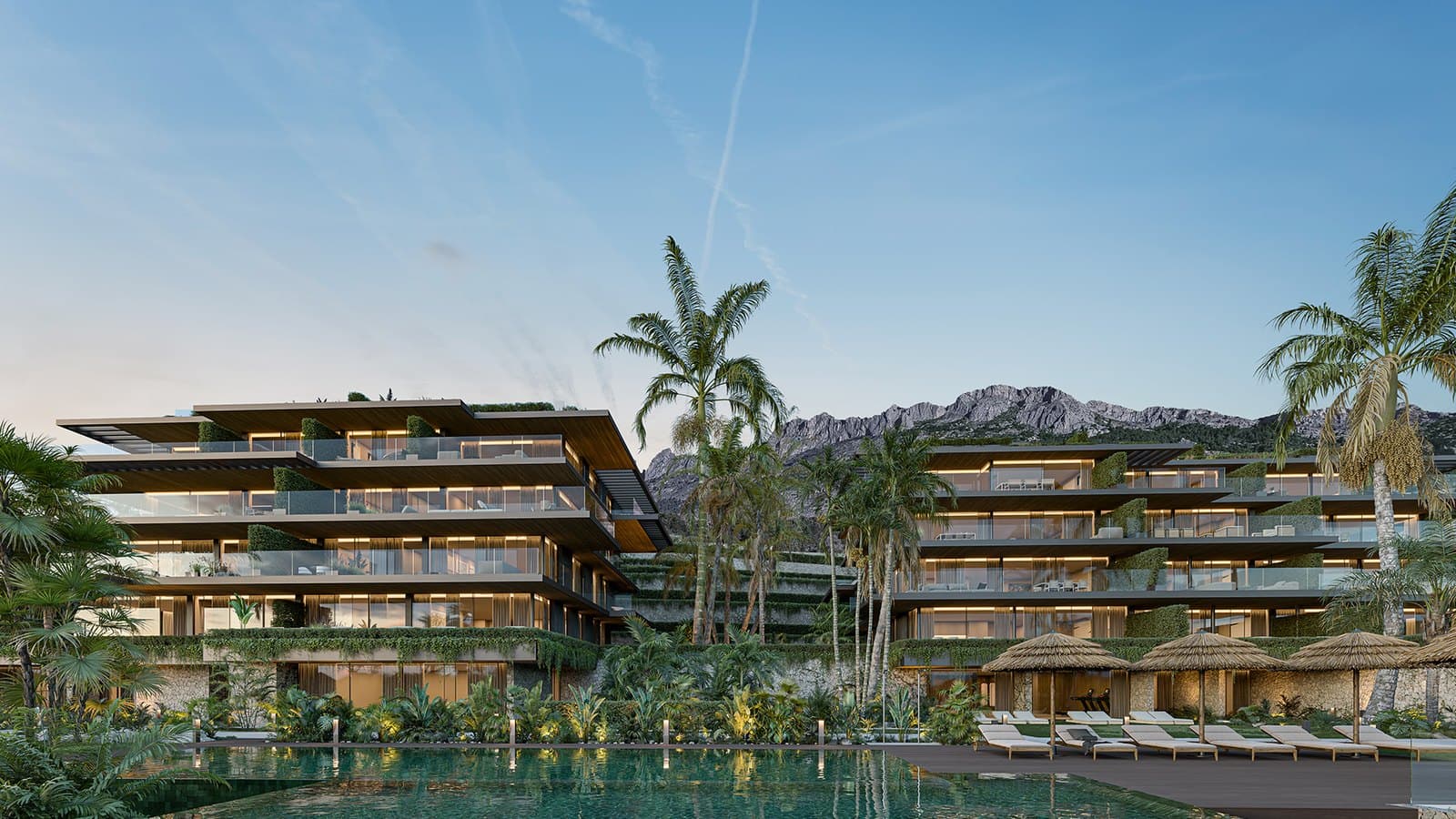 Visualisation of both Altea Sense blocks above the shared pool, with the mountains behind