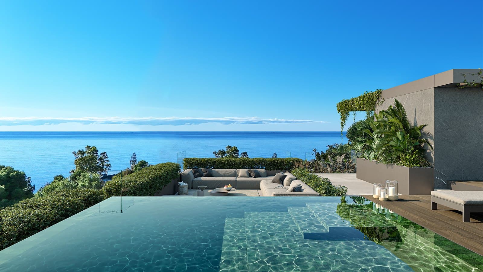 Visualisation of a rooftop terrace pool looking out over the Mediterranean