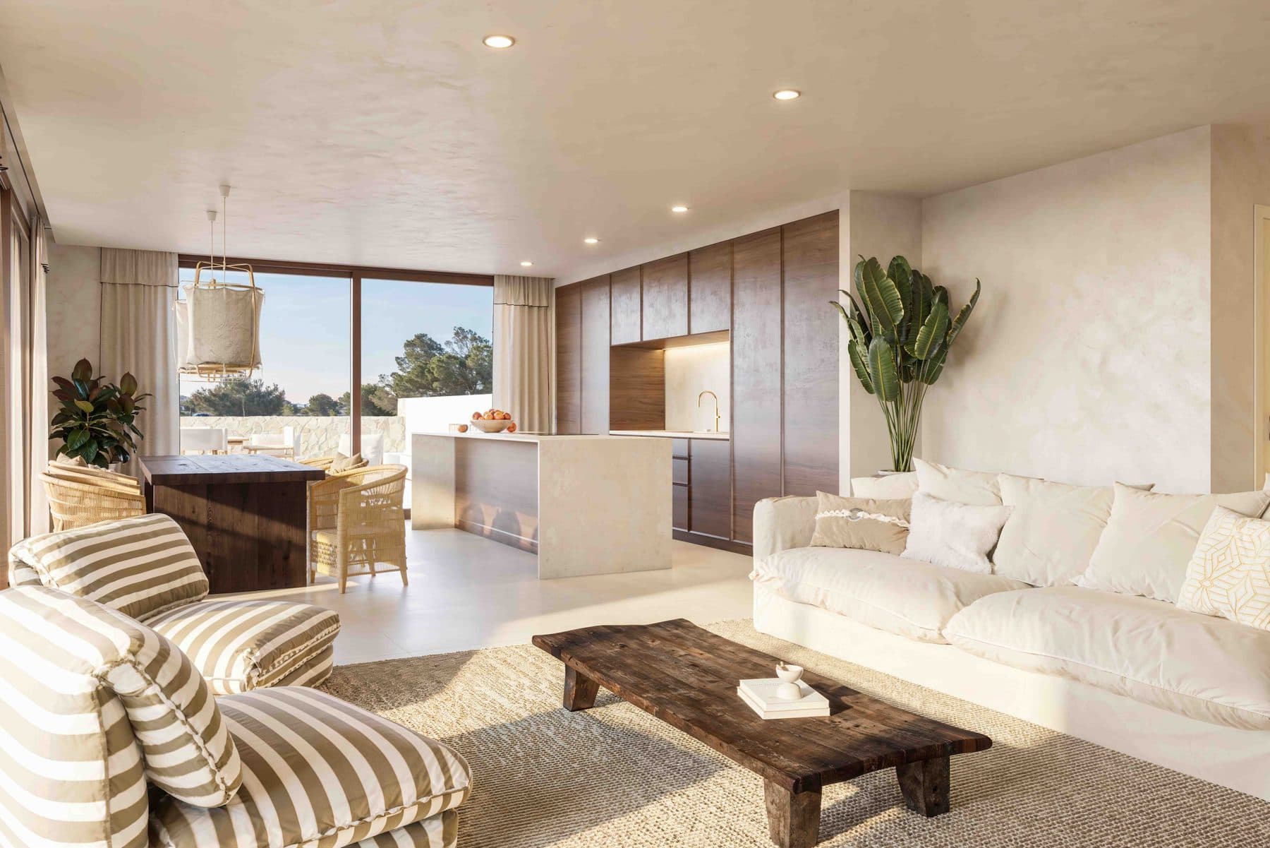 Villa living room with an open kitchen