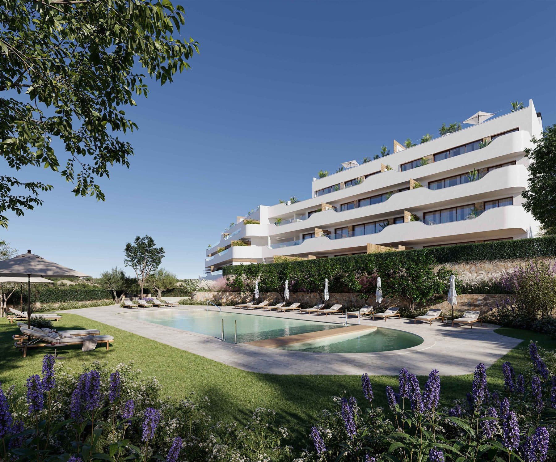 Bazén a zahrady před bytovým domem Azahar Apartments