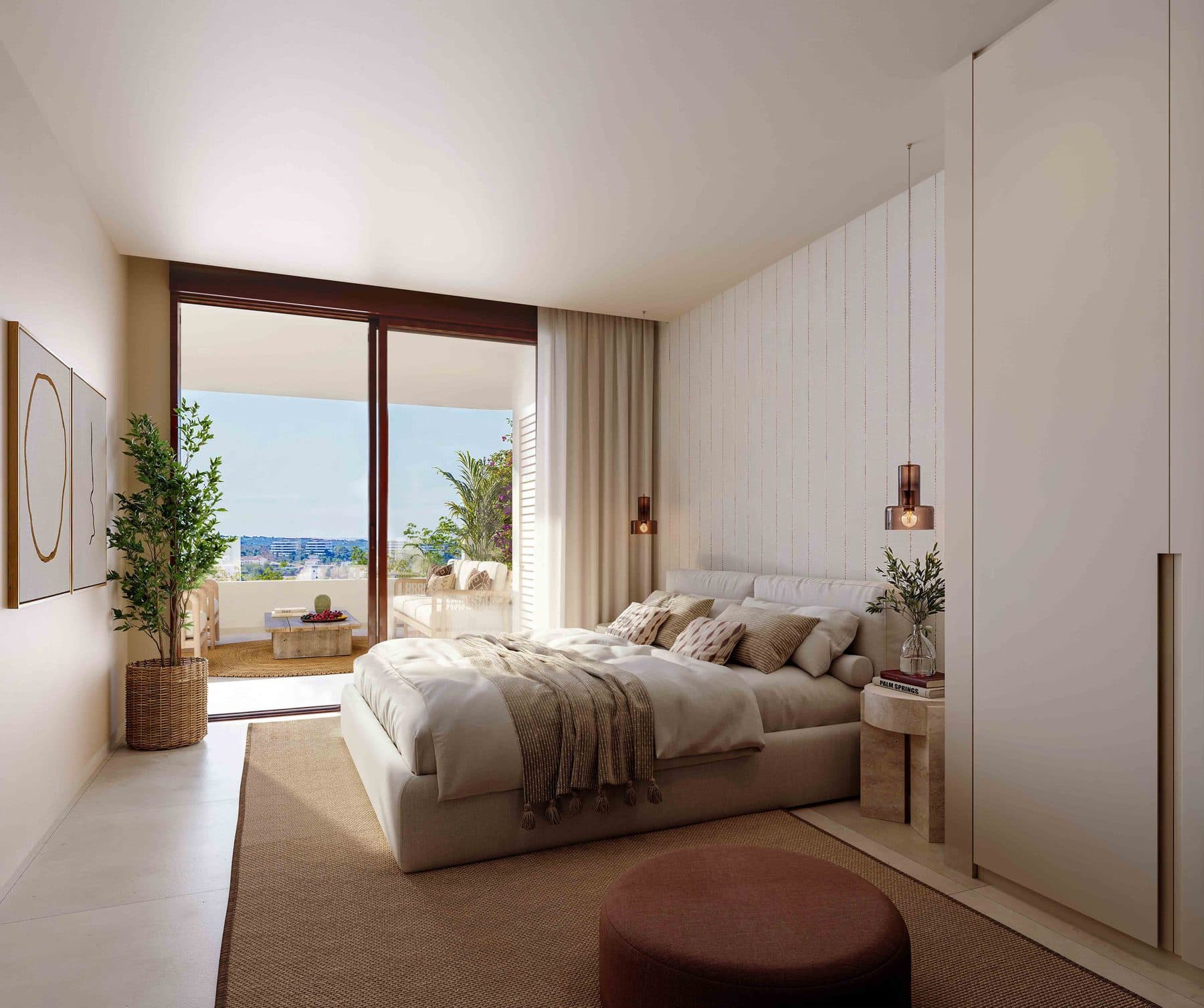 Show apartment bedroom with a glazed wall onto the terrace