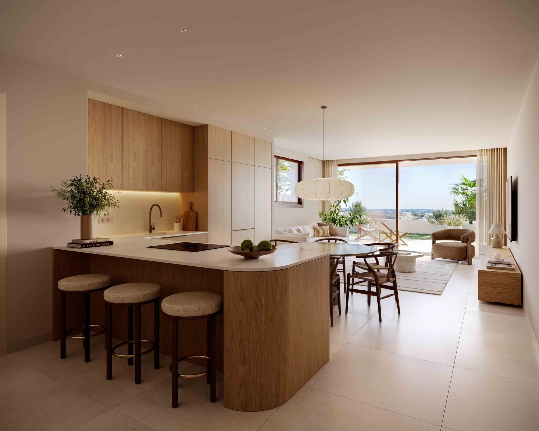 Living room with an open kitchen in a show apartment
