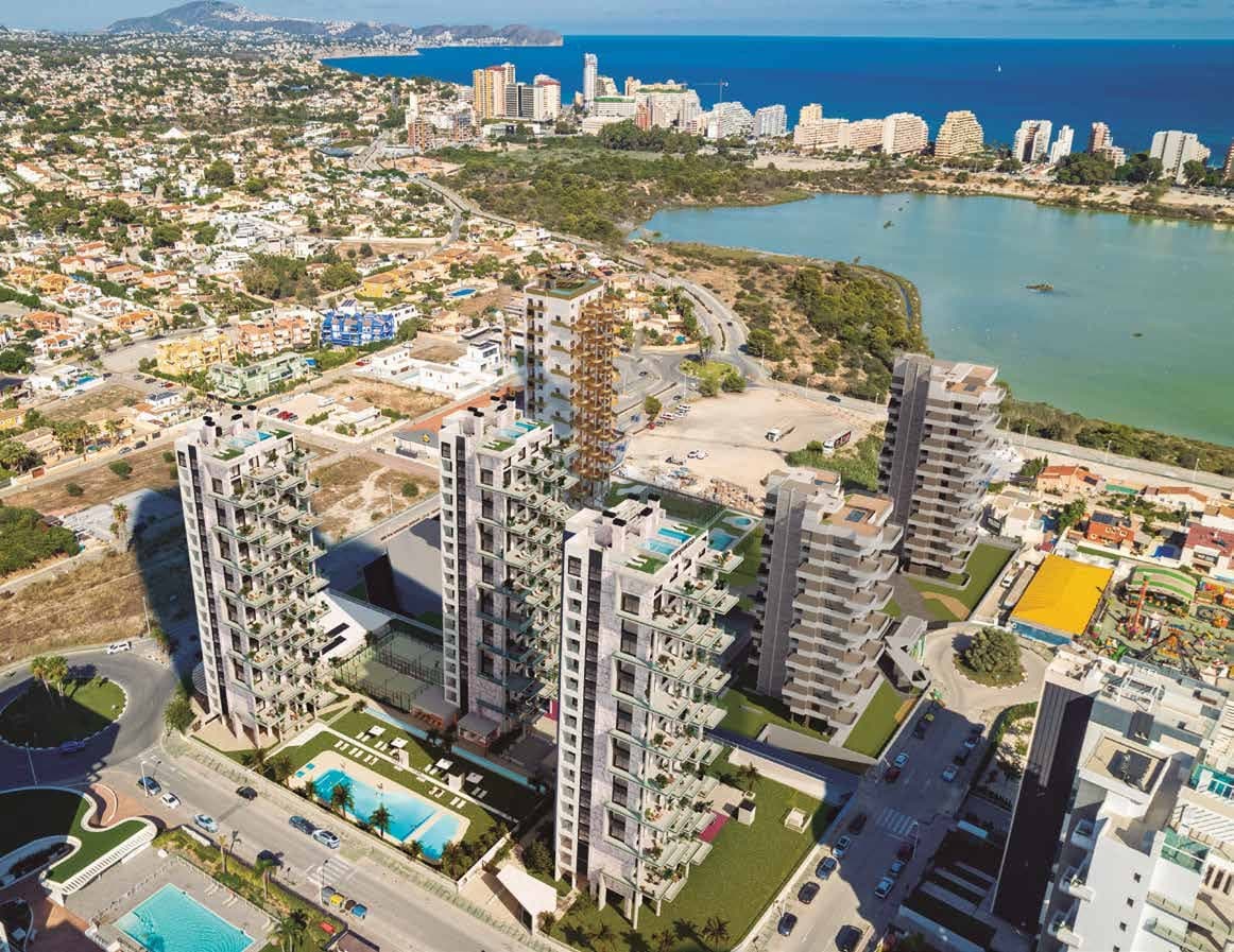Aerial view of Camporrosso Towers, with the lagoon and the Peñón de Ifach behind