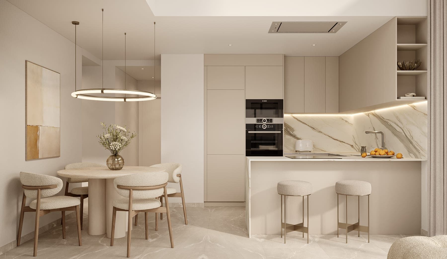 Kitchen and dining area in a show apartment