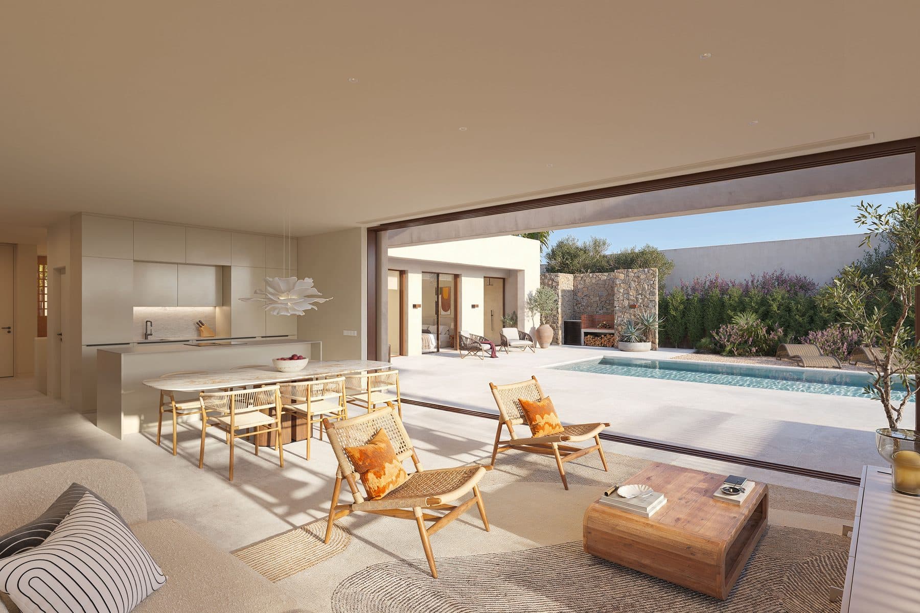 Villa living room opening onto the poolside terrace
