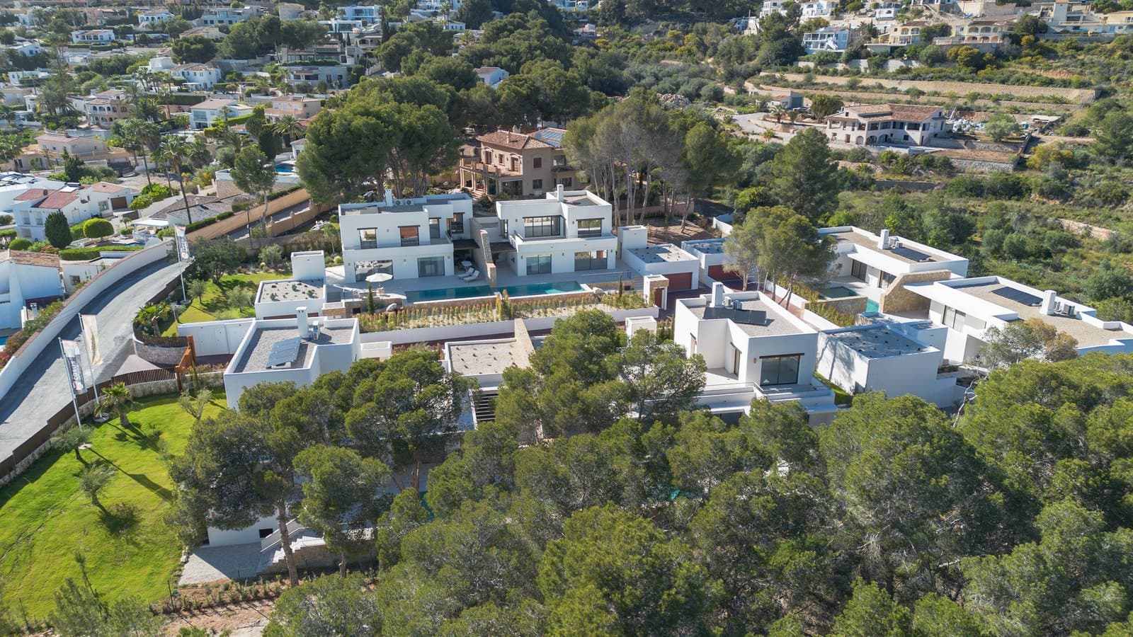Aerial view of the Moraira Natura villas among the Mediterranean pines