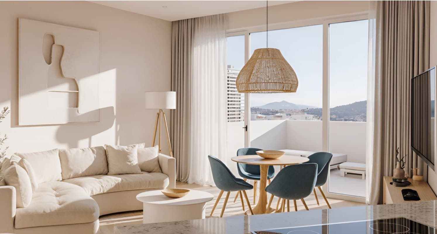 Visualisation of a living and dining room looking out over the town