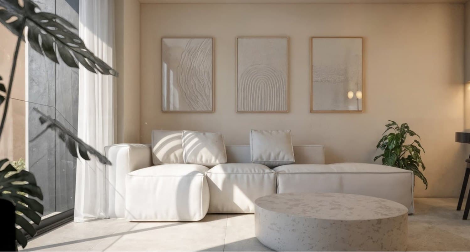 Visualisation of a living room with a glazed wall onto the terrace