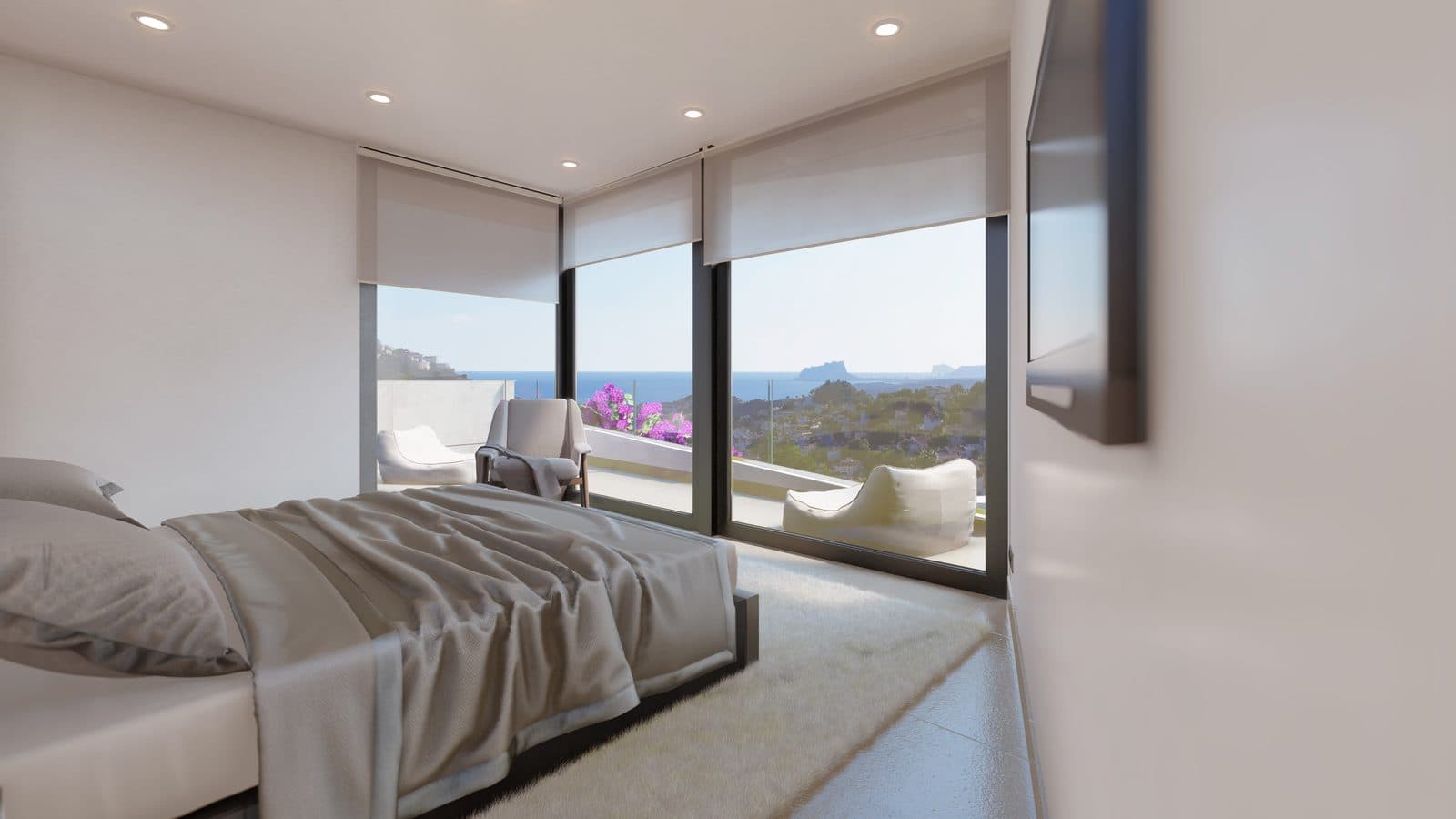 Visualisation of a bedroom with its own terrace and a sea view