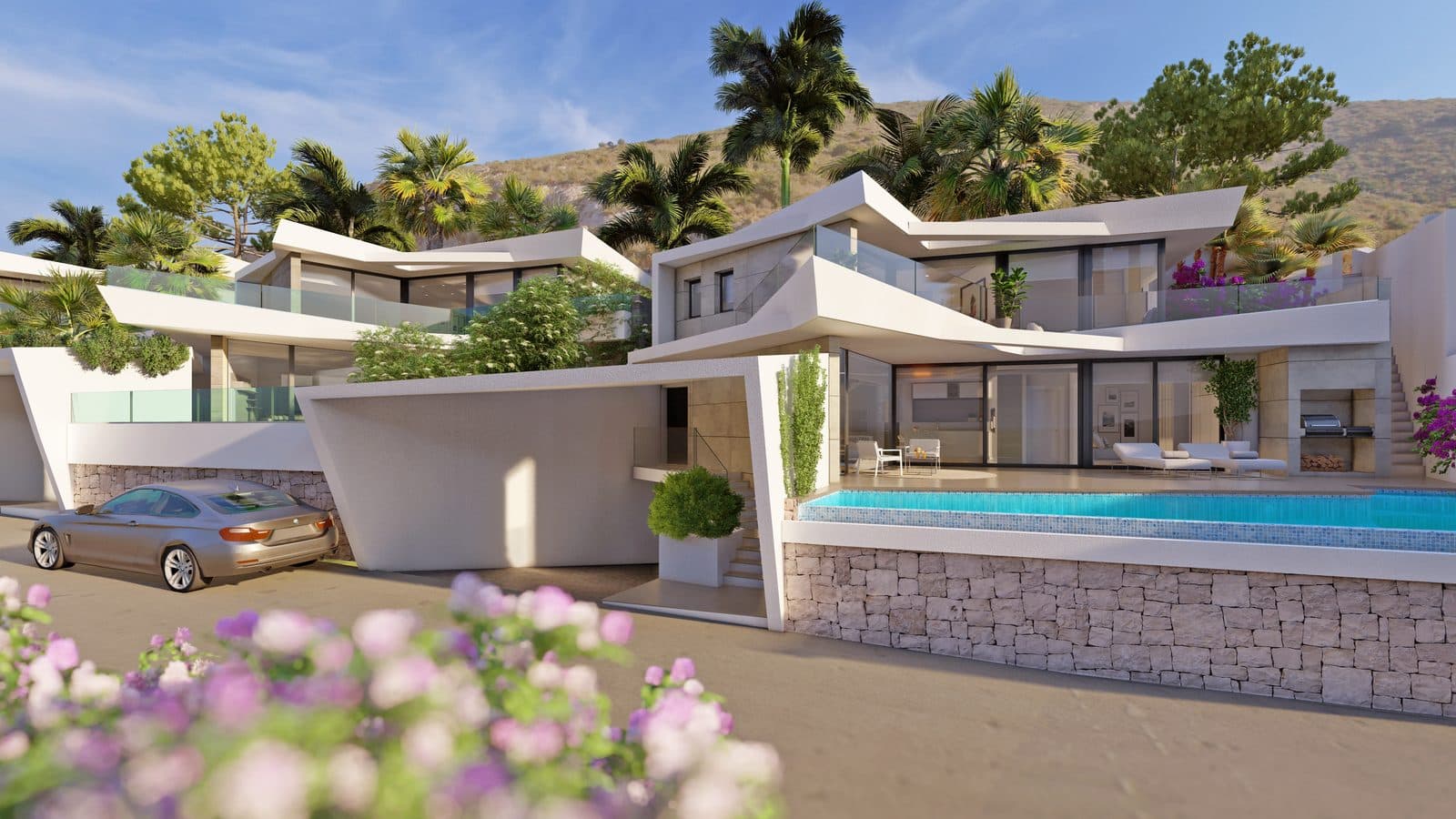Visualisation of the row of houses on the slope, with parking at the entrances and pools beside the terraces