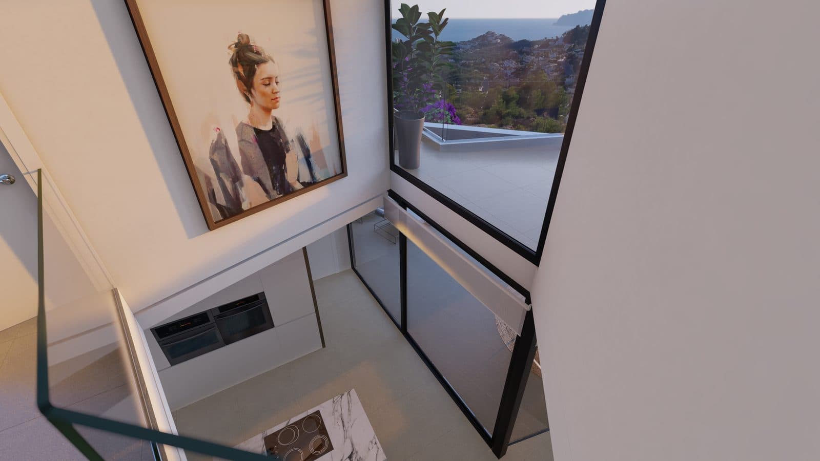 Visualisation looking down from the upper floor into the living space through the full-height glazing