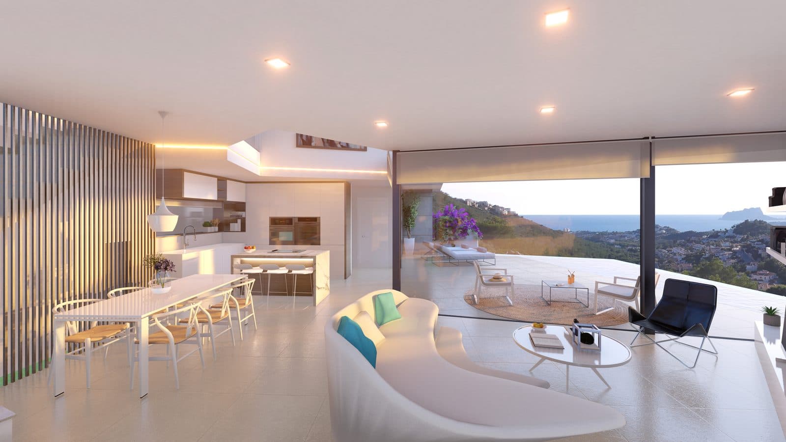 Visualisation of the living room and kitchen, with a glazed wall onto the terrace and the sea beyond